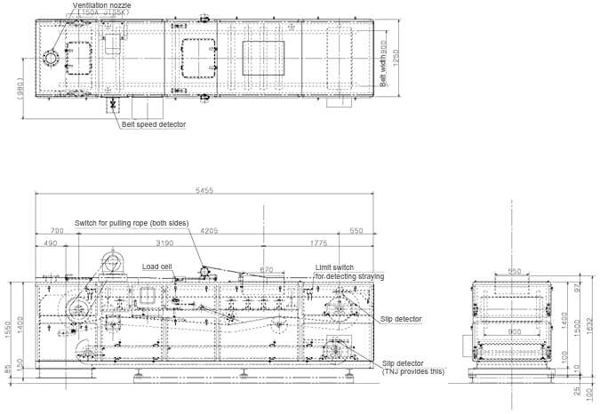 Belt conveyor with load sensor installed on the upside.